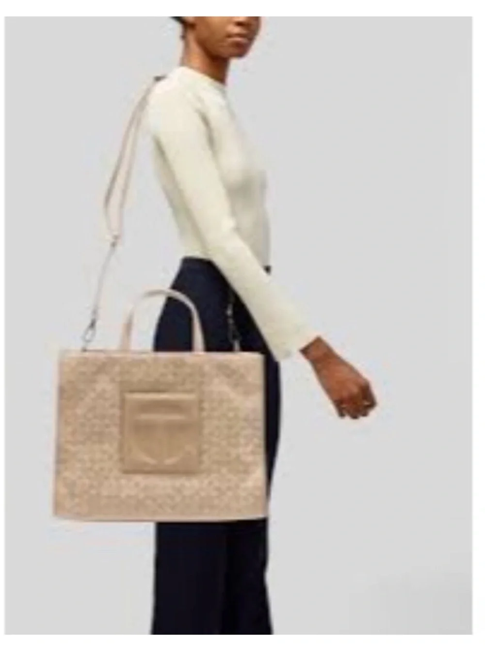 Telfar Beige Monogram Tote with Top Handles and Shoulder Strap